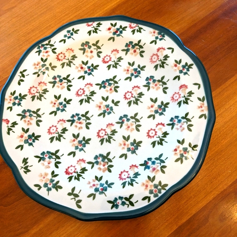 Floral Print Scallop Wavy Green Rim Salad Plates Dessert Ceramic Cottagecore - Picture 7 of 9